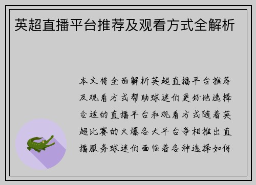 英超直播平台推荐及观看方式全解析